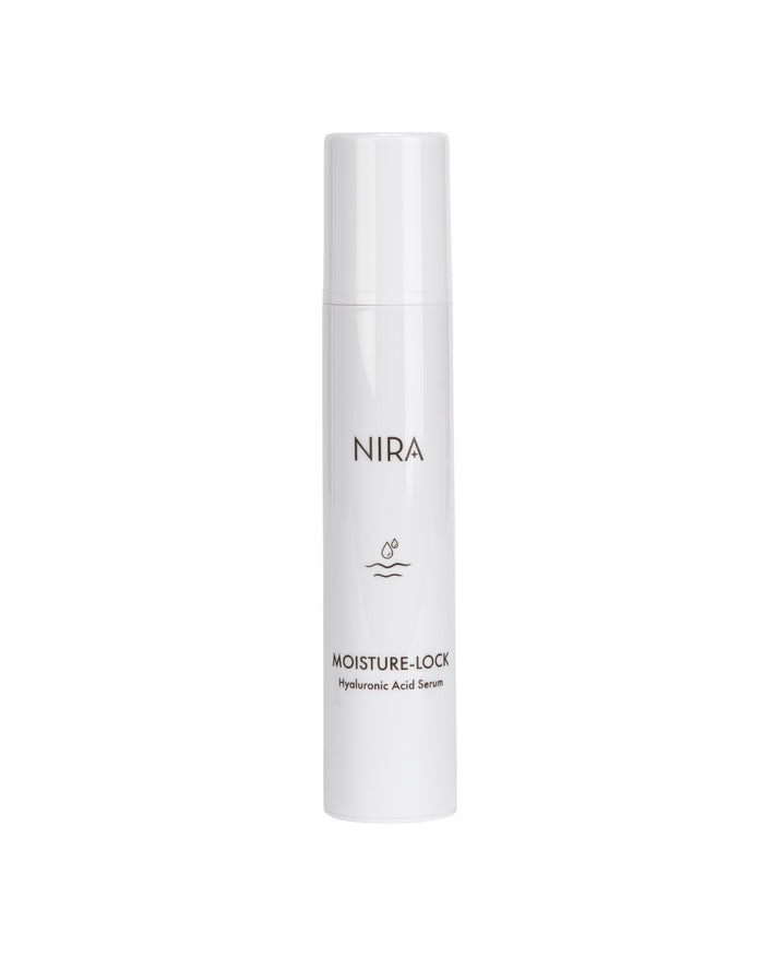 NIRA Moisture-Lock Hyaluronic Acid Serum in sleek white bottle designed for advanced skincare hydration.