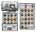 A floss organizer with various compartments, including pockets for needles and a tapestry project with applique designs featuring birds and flowers.