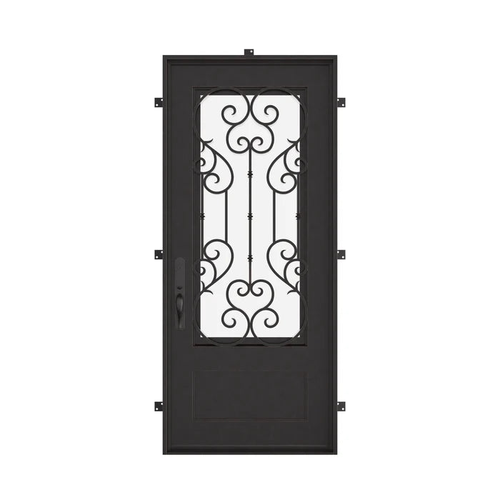 New York Black exterior wrought iron single door with energy efficient glass.
