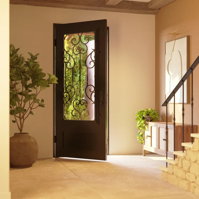 New York Bronze color exterior metal single flat top door with double-pane glass.