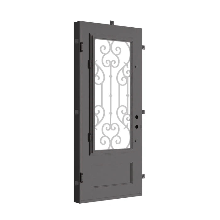 New York Pre-hung bronze color metal flat top single entry door with glass.
