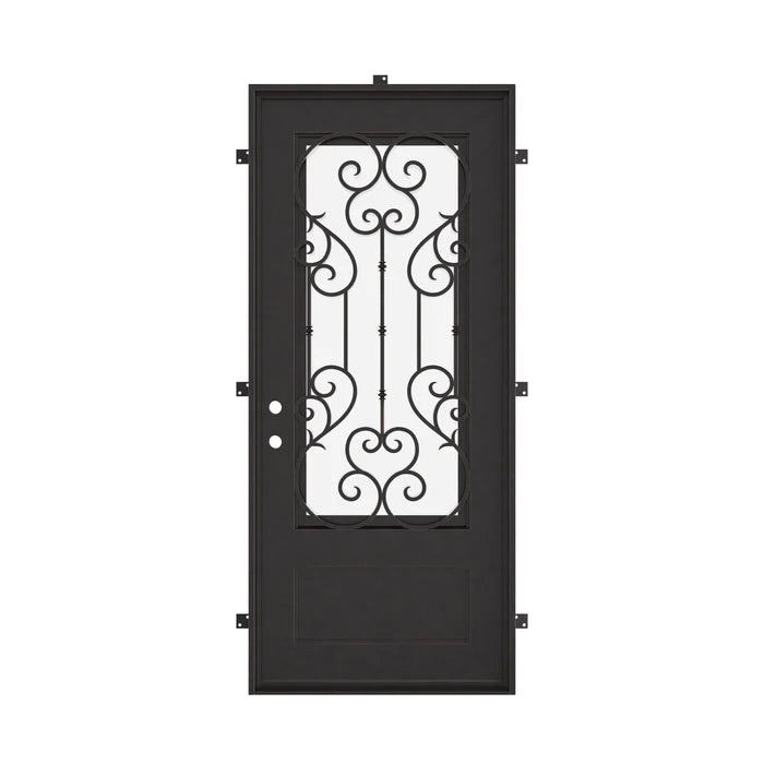 New York Black iron flat top single front door with dual-pane glass insert.
