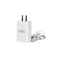 White NIRA Power Adapter & Charging Cable with two-prong plug and USB cable neatly coiled beside it