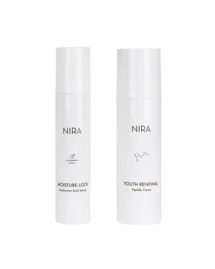 Two NIRA skincare products on a white background