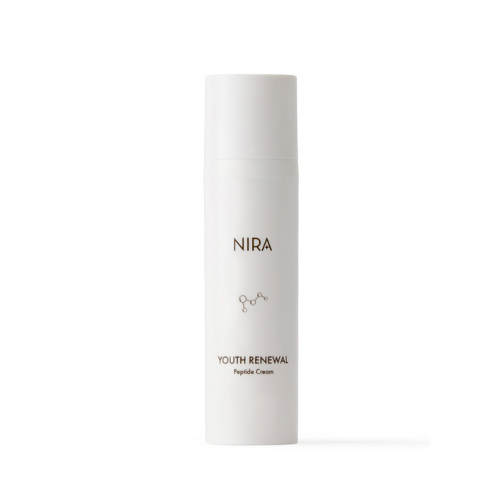 White sleek bottle of NIRA Youth Renewal Peptide Cream for advanced skincare and wrinkle reduction.