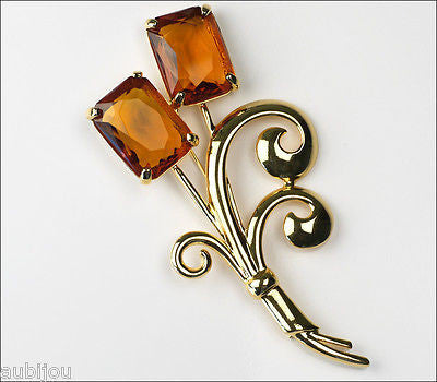 Nolan Miller Large Floral Flower Topaz Faceted Glass Rhinestone Brooch Pin