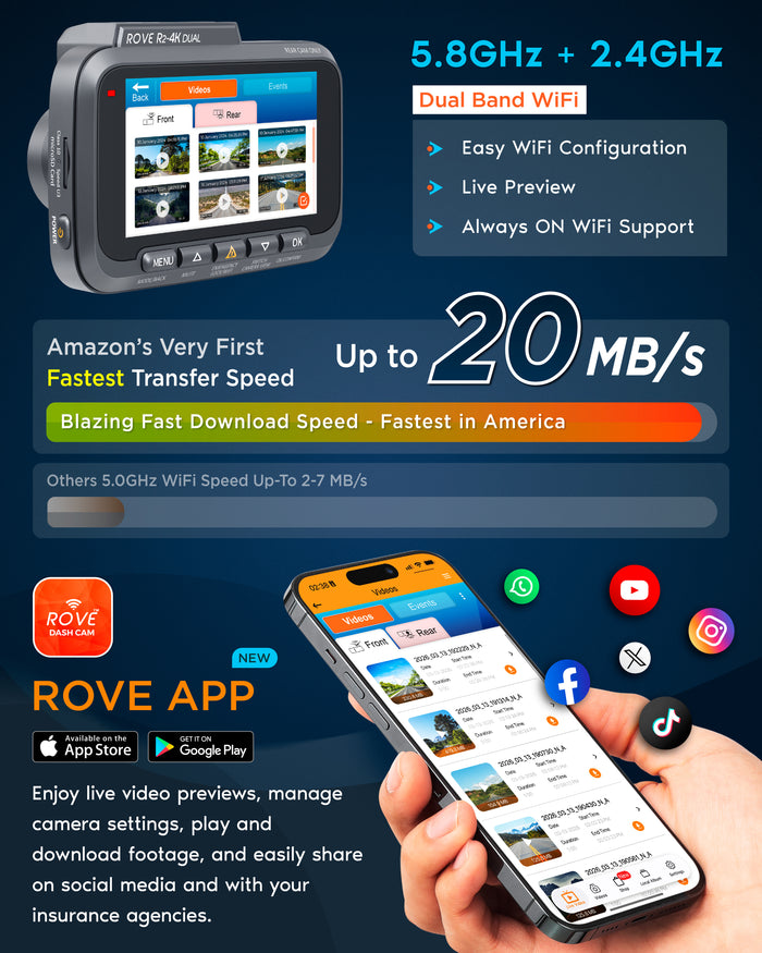 ROVE R2-4K dual dash cam Wi-Fi setup screen with live preview on display