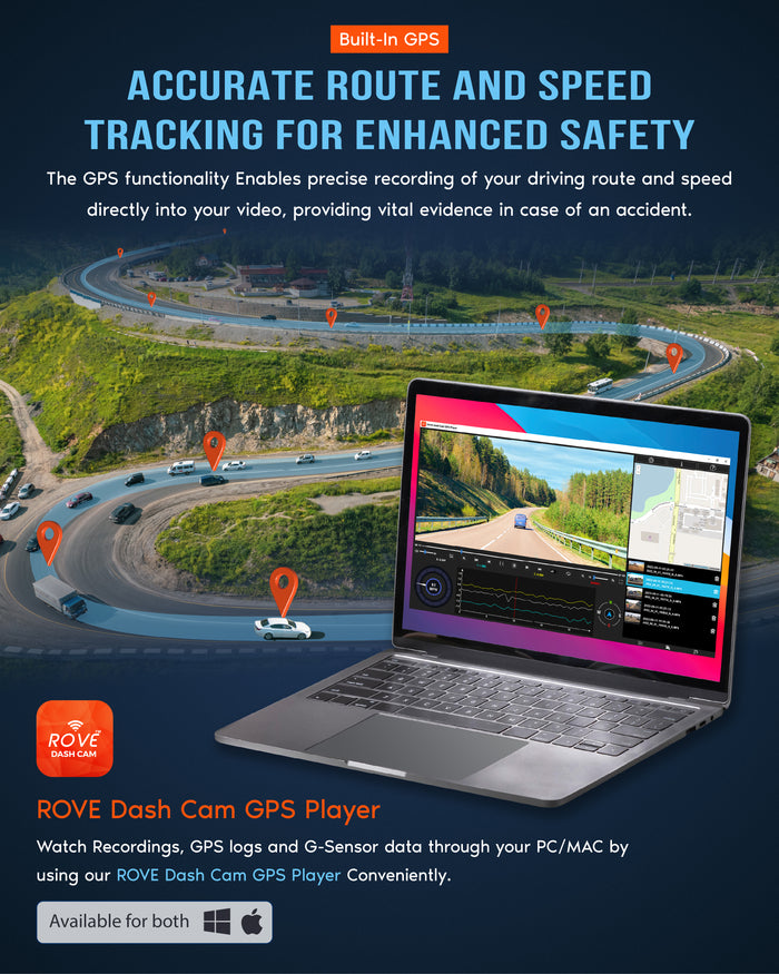 ROVE R2-4K dash cam GPS route and speed tracking shown on laptop interface