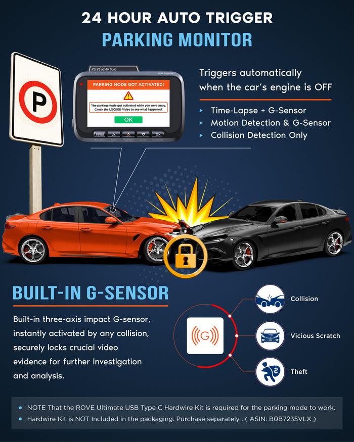 ROVE 24-hour parking monitor and built-in G-sensor diagram for dual dash cam