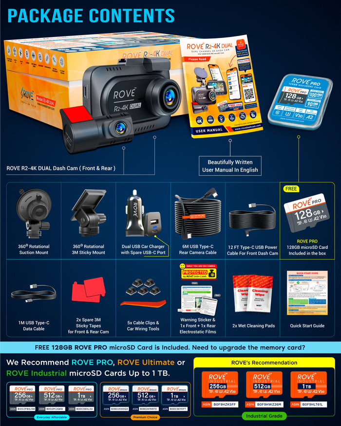 ROVE R2-4K dual dash cam package contents with front and rear units and accessories