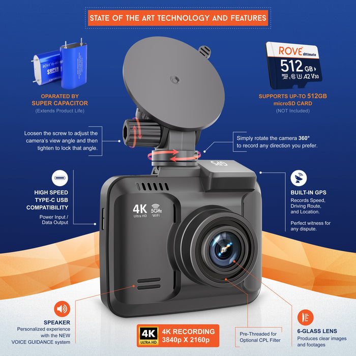 Black dash cam with rotating circular mount and front wide-angle lens