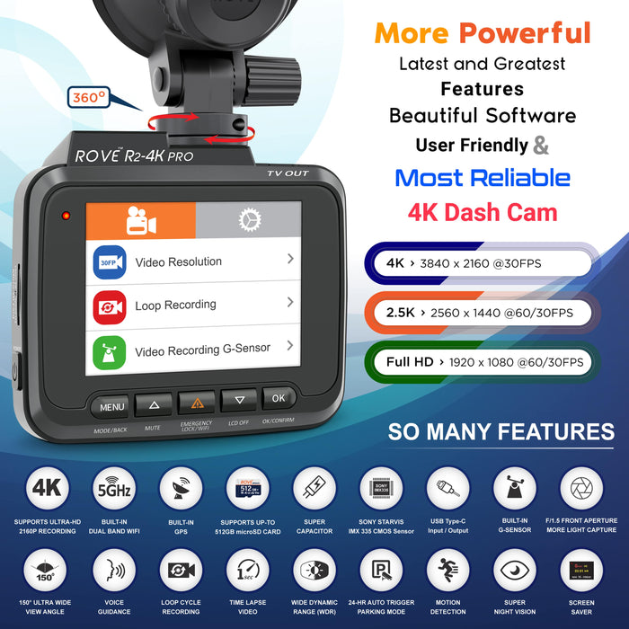 Black dash cam with built-in touchscreen showing video resolution and recording modes