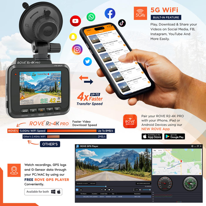 Front dash cam and rear screen view on smartphone for 4K dash camera control