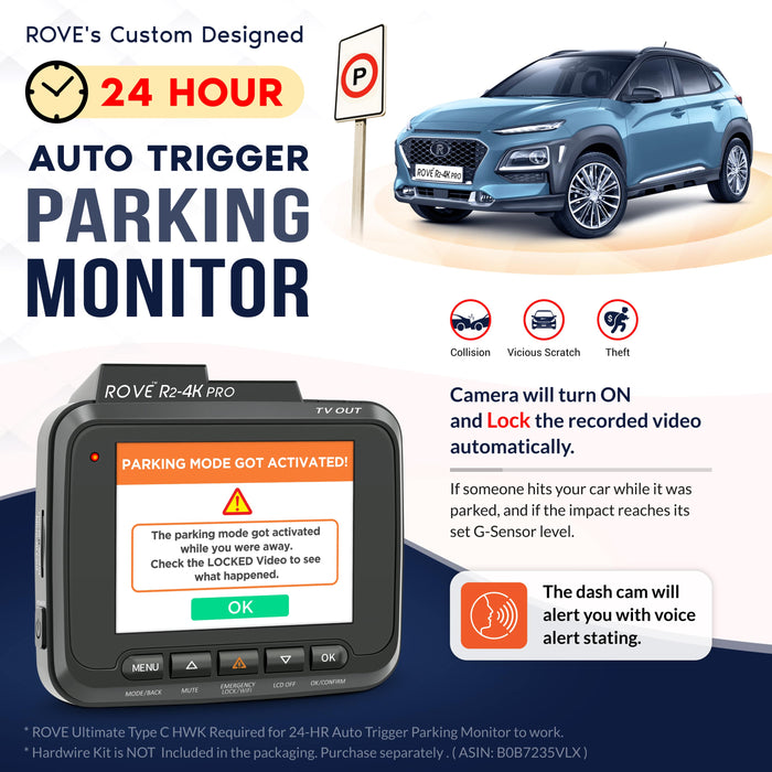 Black dash cam with LCD screen displaying parking monitor status and menu buttons