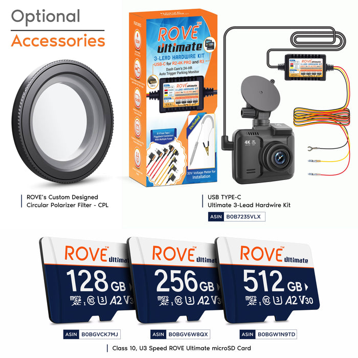 Dash cam kit with circular polarizer accessory, USB Type-C kit, and microSD cards