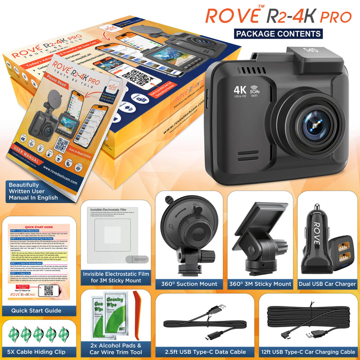Black dash cam shown with box and included accessories like mounting and USB cables
