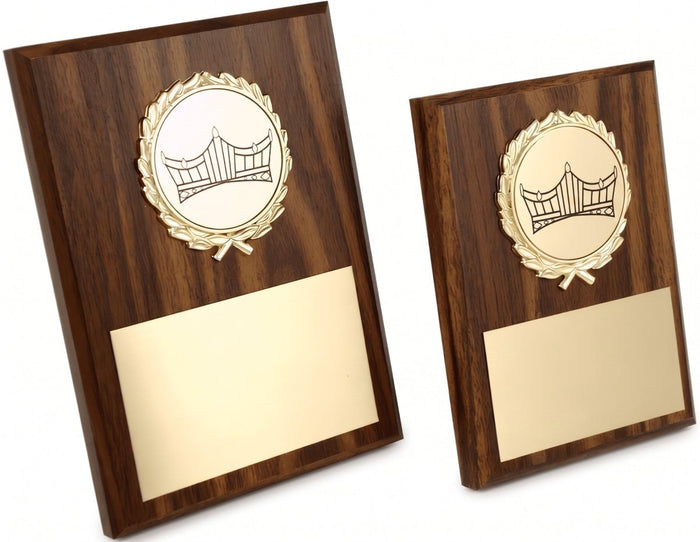 Schoppy's Pageant Seal Wood Look plaques shown in 5 by 7 and 4 by 6 sizes with Schoppy Crown Logo in wreath holder at top.