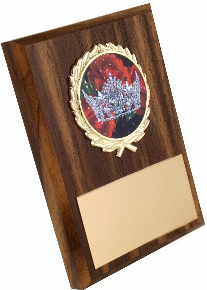 Schoppy's Pageant Seal Wood Look plaque shown in 4 by 6 size with Crown Logo on Red Rose background in wreath holder at top.