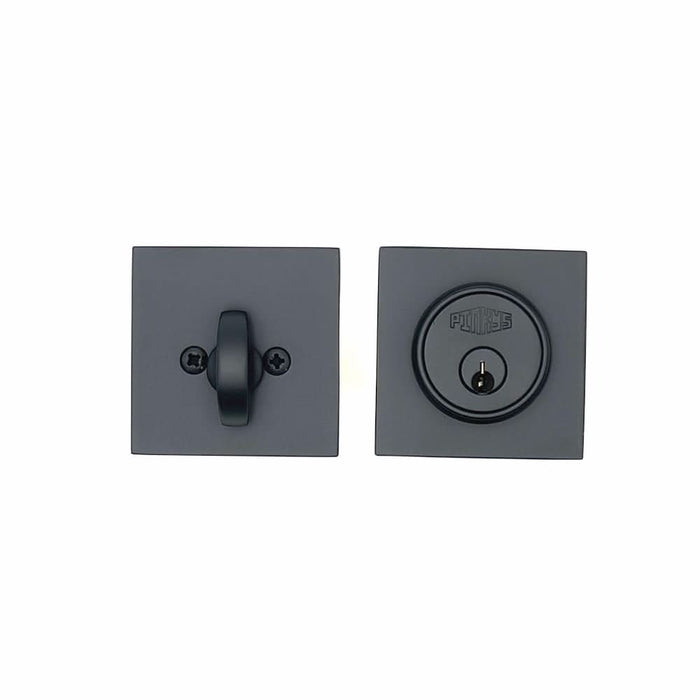 PINKYS deadbolt with keyed cylinder and thumb turn in matte black finish.