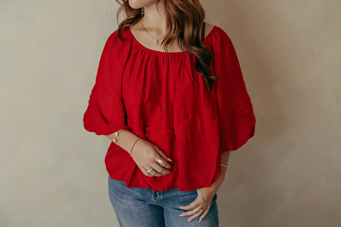 Pleat Detail Wide Neck Solid Top Red