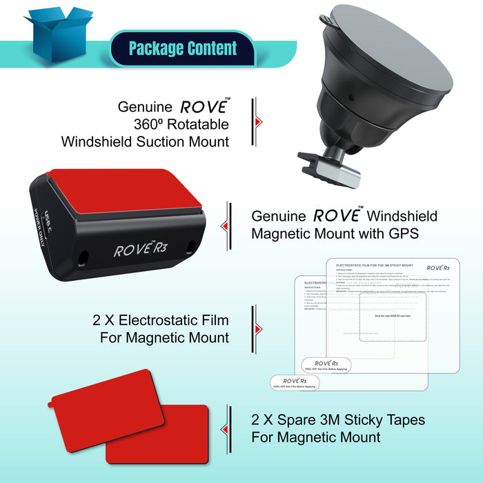 Dash cam mount bundle: 360° suction mount, magnetic GPS mount, 2 films, 2 sticky tapes