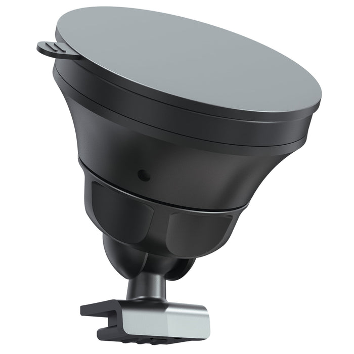 Black suction mount with clamp base for dash cam, adjustable angle holder