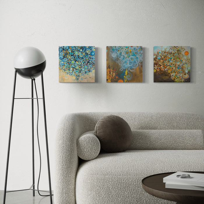 Before The Rain oil painting featuring abstract turquoise and gold circular patterns with flowing textures on canvas by Lisa Ingram