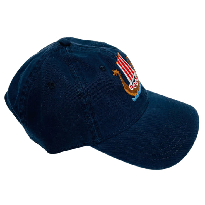 Red/White Viking ship on navy blue baseball cap
