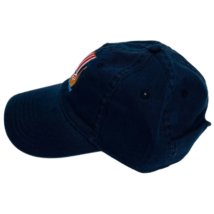 Red/White Viking ship on navy blue baseball cap
