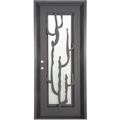 Roadtrip Single flat top door with operable glass panel and ornate metalwork.