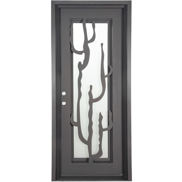 Roadtrip Single flat top door with operable glass panel and ornate metalwork.