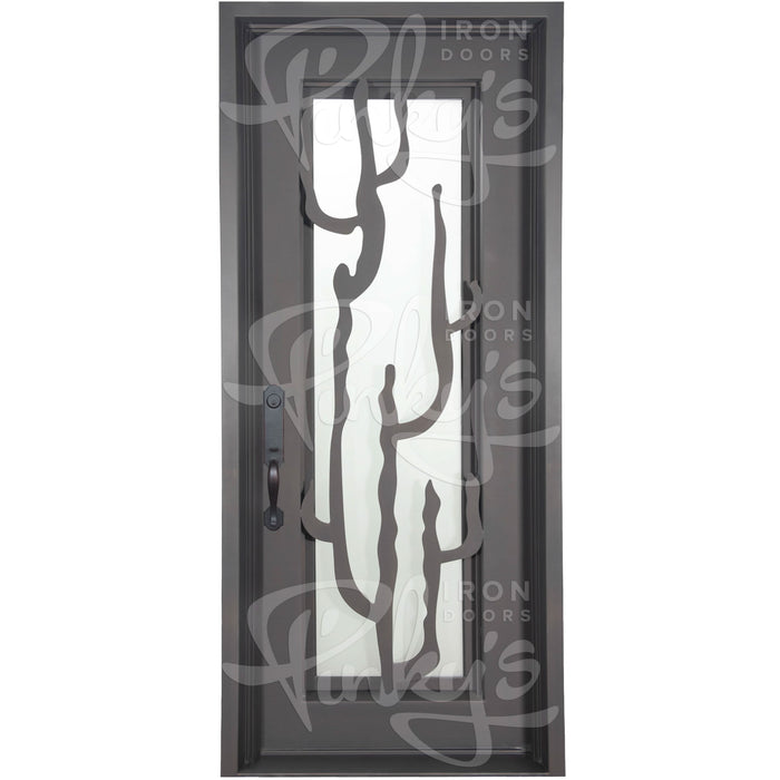 Roadtrip Black pre-hung flat top single door with glass and decorative scrollwork.