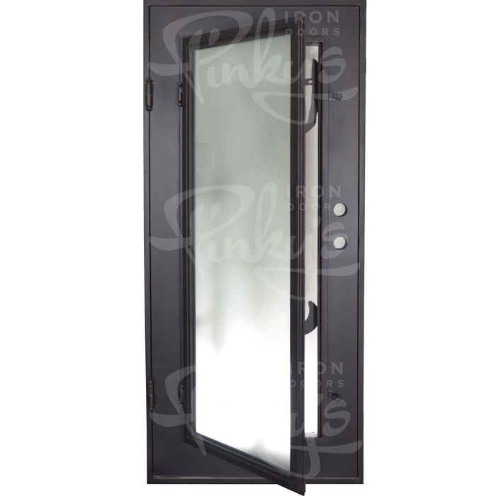Roadtrip Bronze color pre-hung flat top single front door with dual-pane glass.