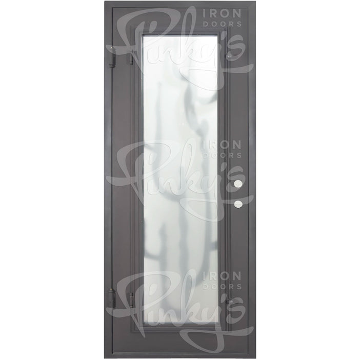 Roadtrip Black metal flat top single door with glass center and ironwork.