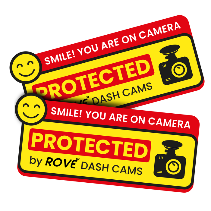 Dash cam window/bumber sticker, red and yellow “Smile! You are on camera” protected design