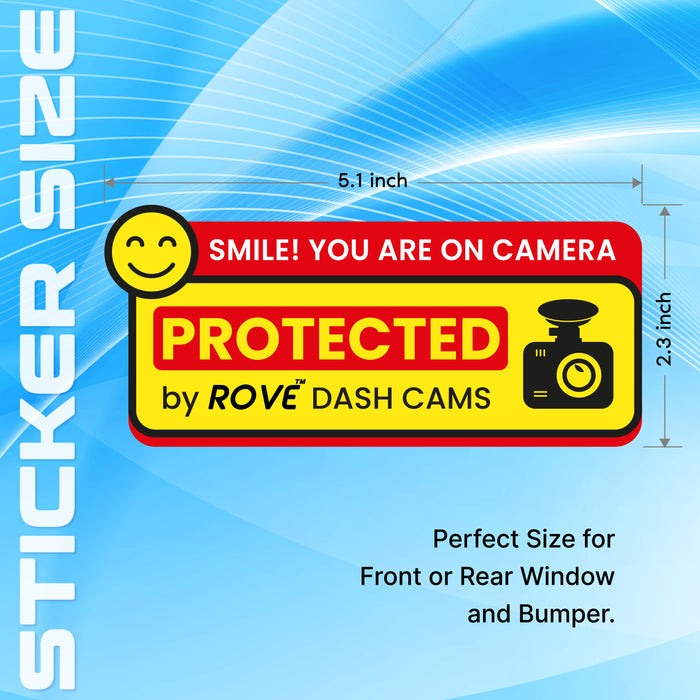 Red and yellow dash cam window sticker, “Smile! You are on camera” protected badge (5.1x2.3 in)