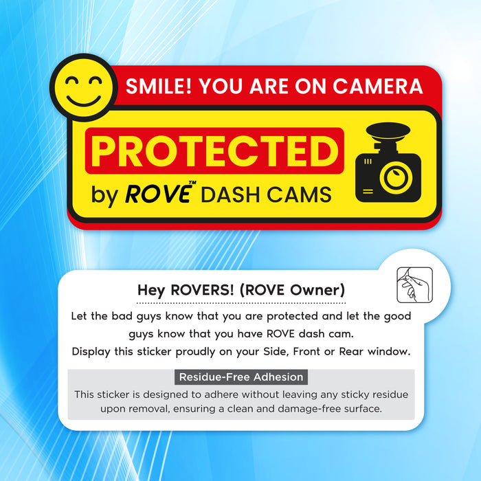 Residue-free dash cam sticker, red/yellow “Smile! You are on camera” protected badge