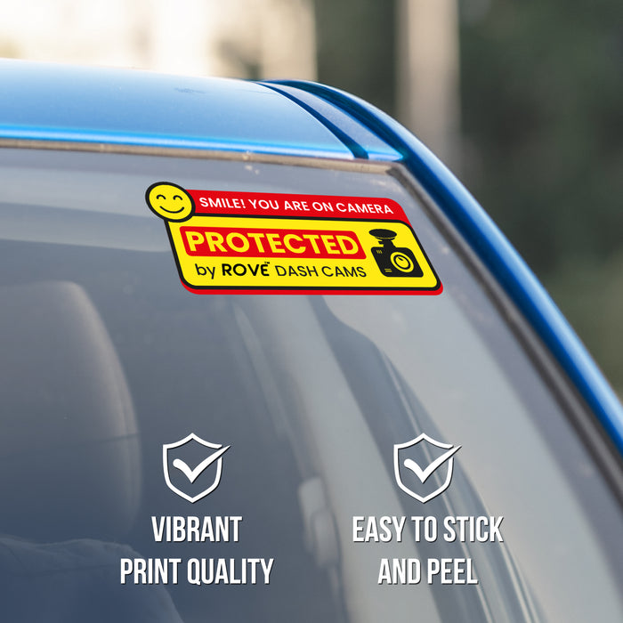 Dash cam bumper sticker, “Smile! You are on camera” protected badge; easy to stick and peel