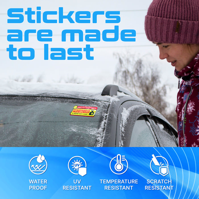 Weatherproof dash cam sticker, “Protected” badge; water, UV, temperature & scratch resistant