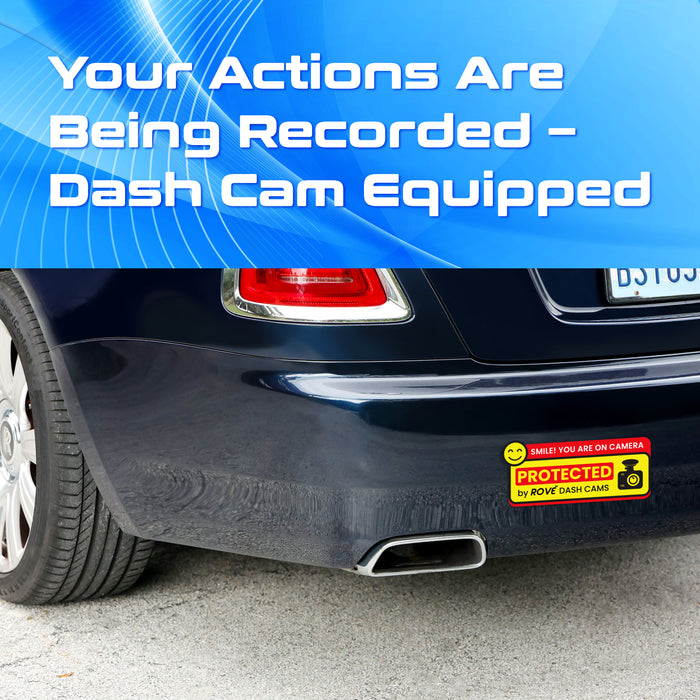 Dash cam bumper sticker, red/yellow “Protected” badge with camera icon