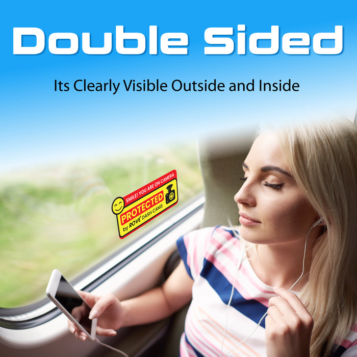 Double-sided dash cam sticker with “Smile! You are on camera” red and yellow design