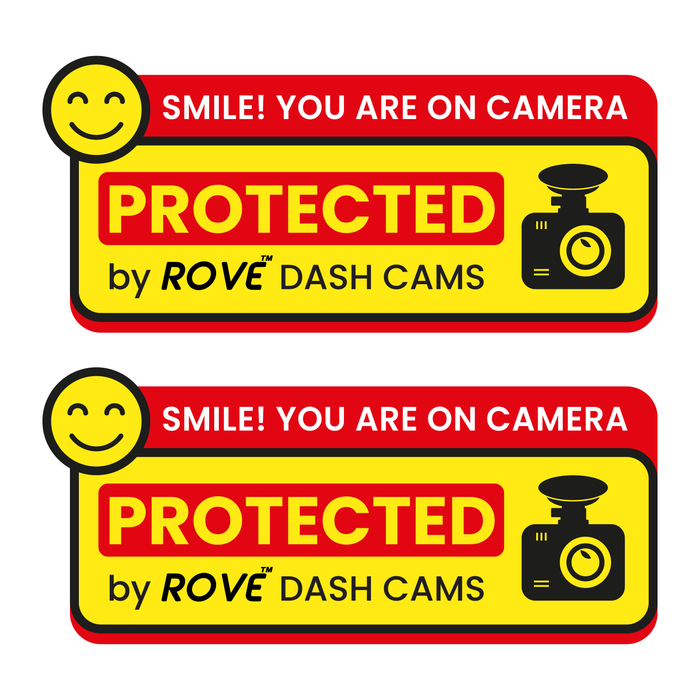 Set of dash cam stickers with “Smile! You are on camera” red/yellow protected badge