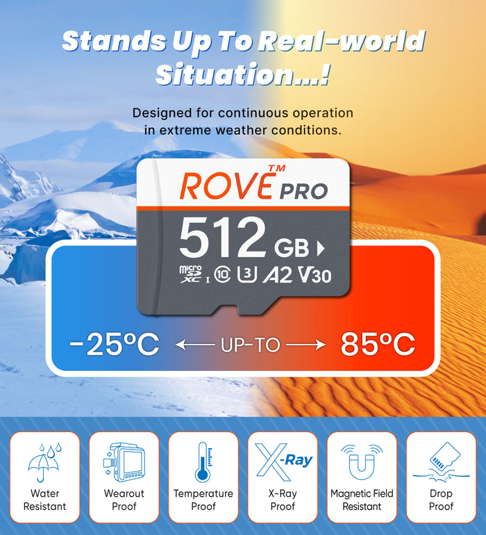 ROVE PRO 512GB microSDXC card with temperature range -25C to 85C