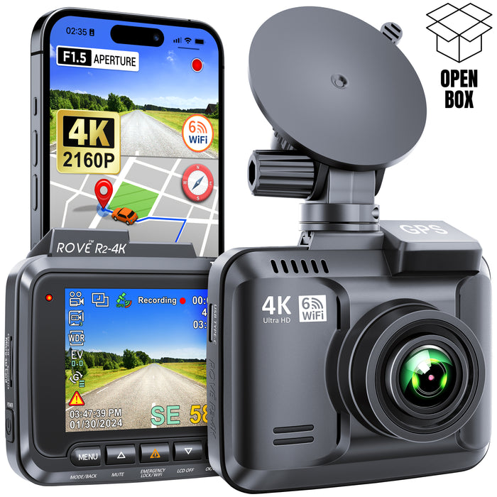 Dash cam with 4K lens, car suction mount, and front display screen
