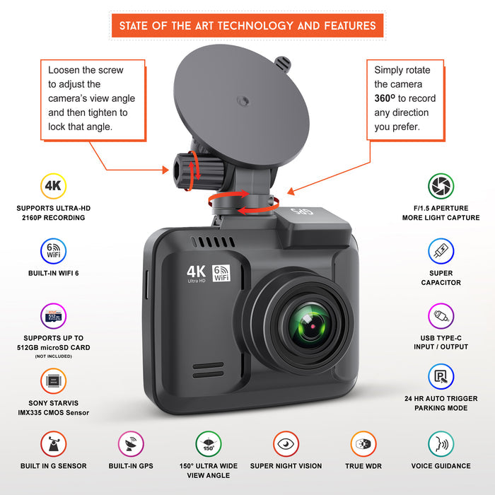 Dash cam with adjustable 360-degree rotating suction mount and front lens