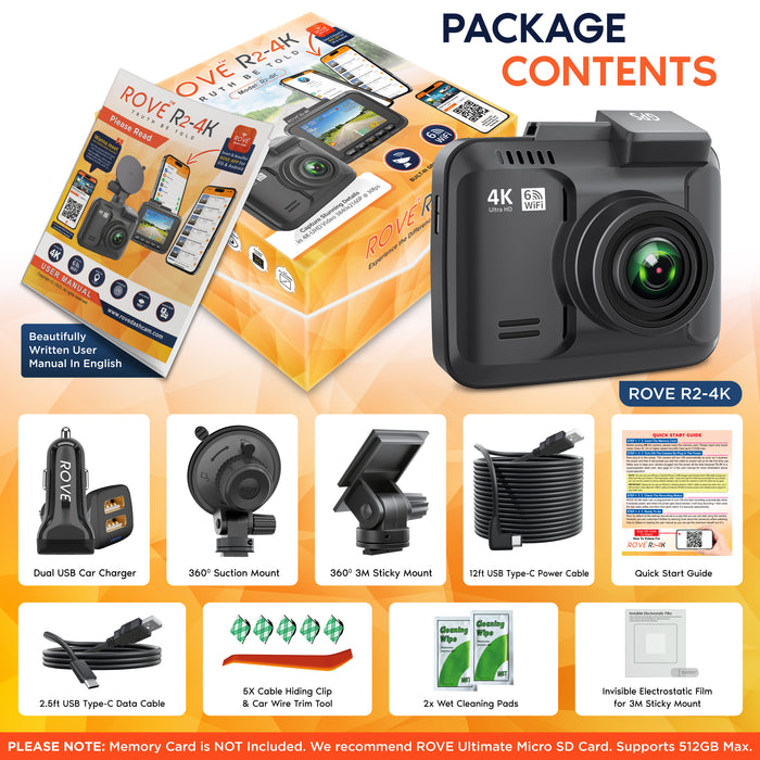 Dash cam package contents with camera, mounts, USB Type-C cable, and pads