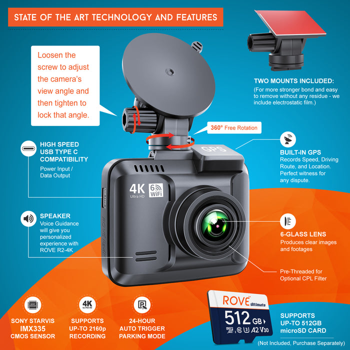 Dash cam with rotating suction mount and front lens in compact housing