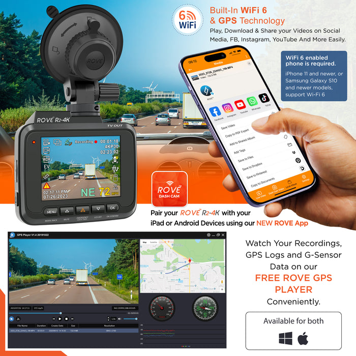 Dash cam with route playback on screen and smartphone app pairing