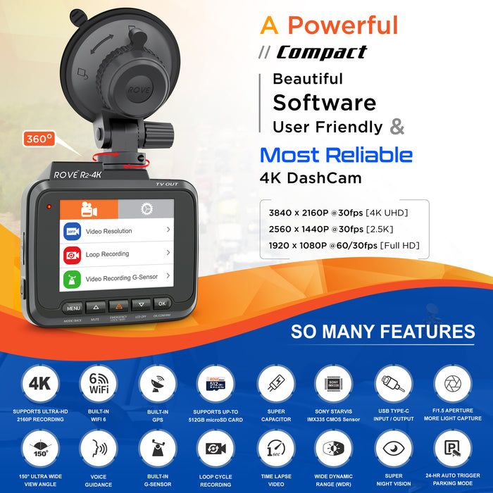 Dash cam with front screen and suction mount, compact black body.