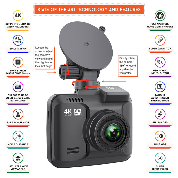Compact car dash cam with wide lens and top mounting base, black design.